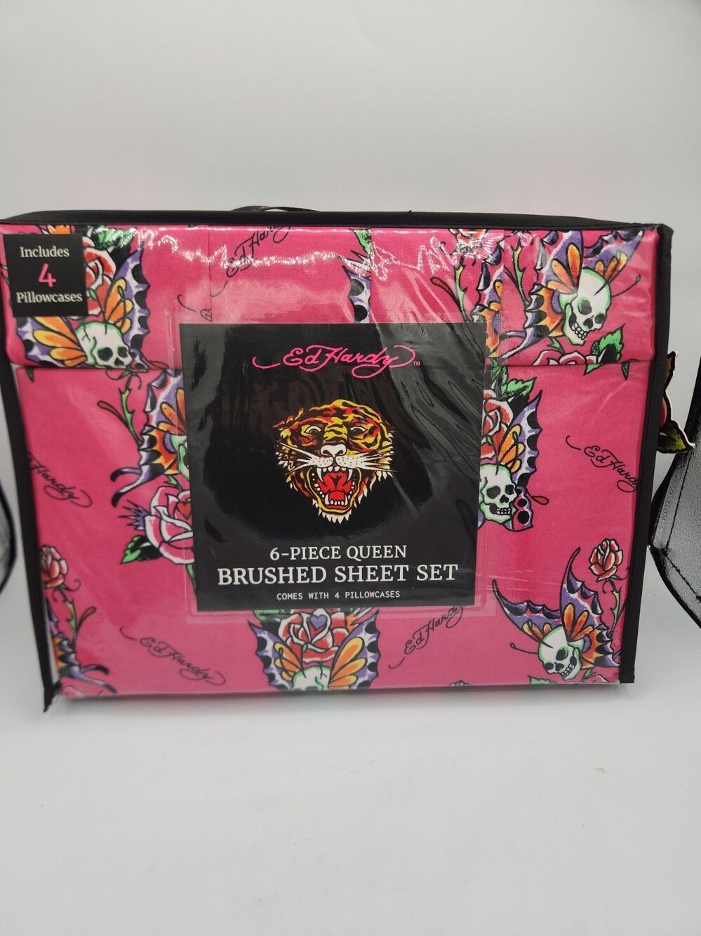Ed Hardy Pink with Skull Butterflies & Roses 6pc QUEEN Sheet Set w/4 Pillowcases